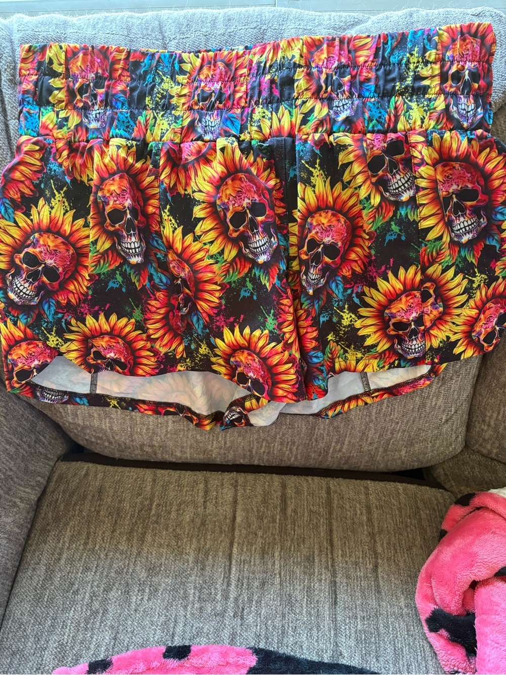 Sunflower Skull Print Elastic waist Day Dream Shorts XL Painted Sunflower